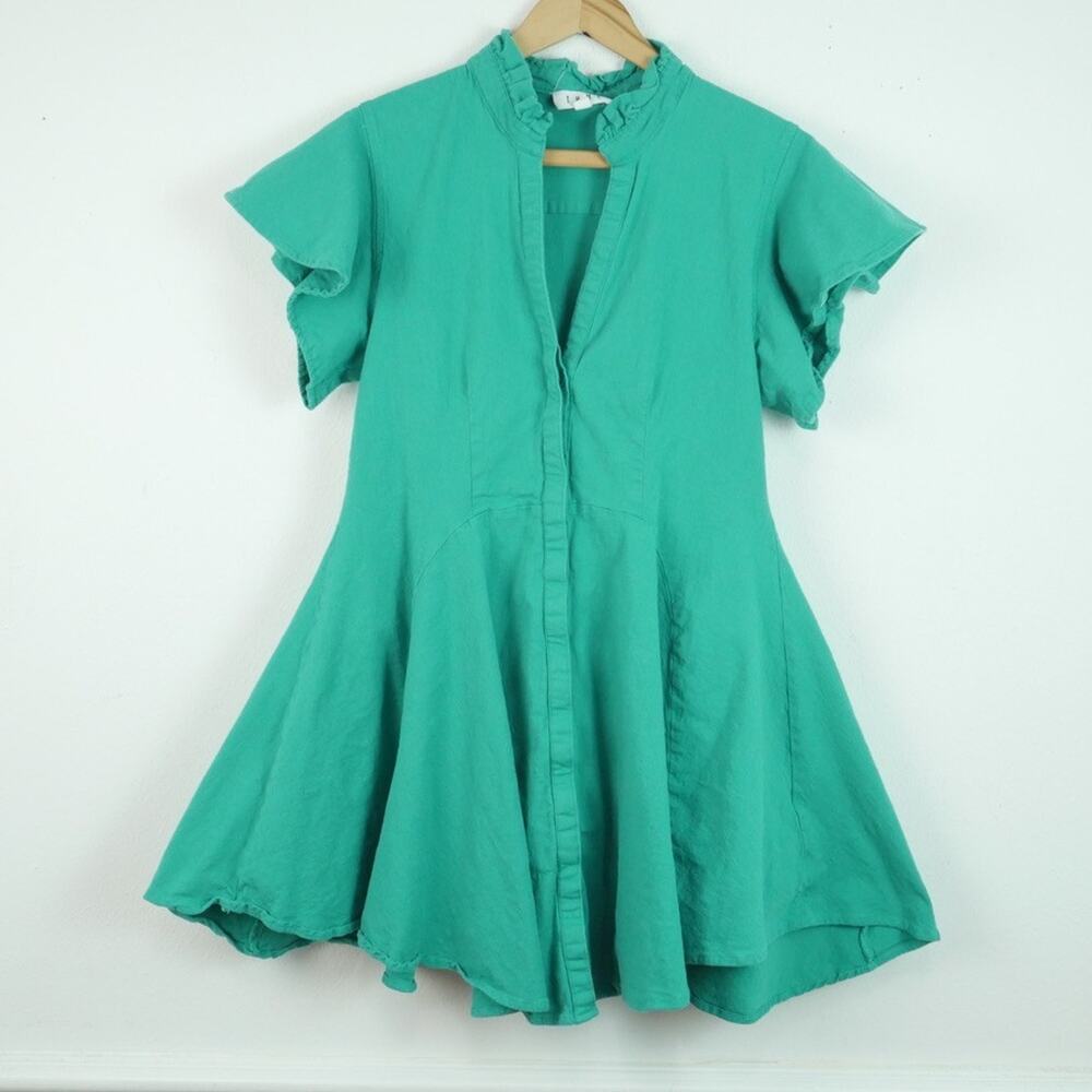 THML Large Mini Dress Flutter Sleeve Full Skirt Flirty Feminine Teal Twee Spring